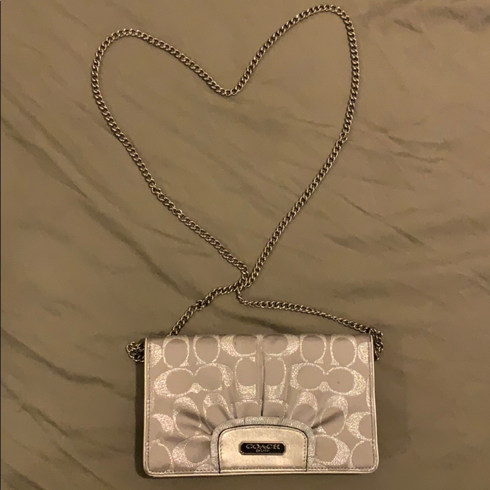 Coach Silver Monogram Clutch with crossbody chain
